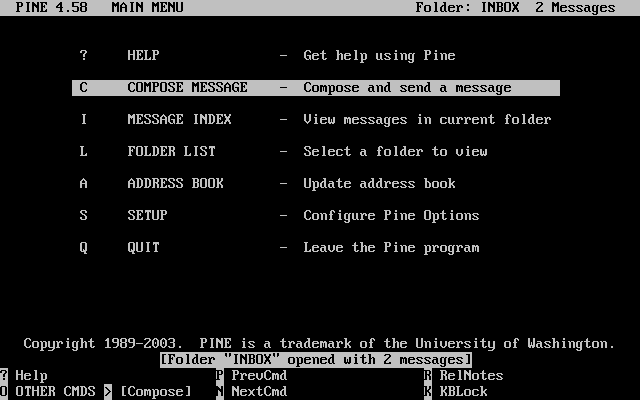 PINE email editor in the terminal PINE email editor in the terminal